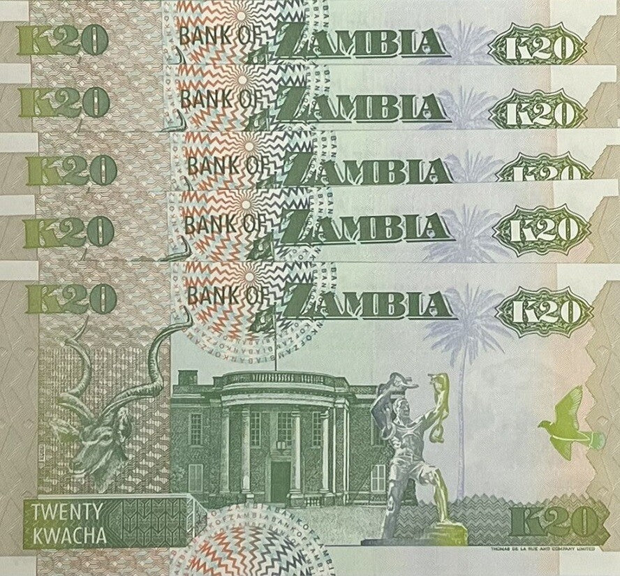 Zambia 20 Kwacha 1992 P 36 b UNC LOT 5 PCS