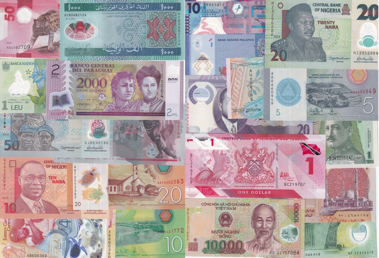 World Polymer Banknotes Set 21 Pcs Lot Different Notes From 17 Countries All UNC