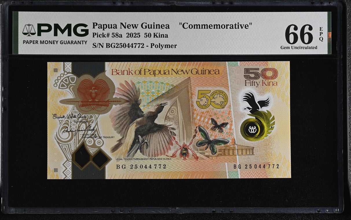 Papua New Guinea 50 Kina 2025 P 58 a Polymer Commemorative Gem UNC PMG 66 EPQ