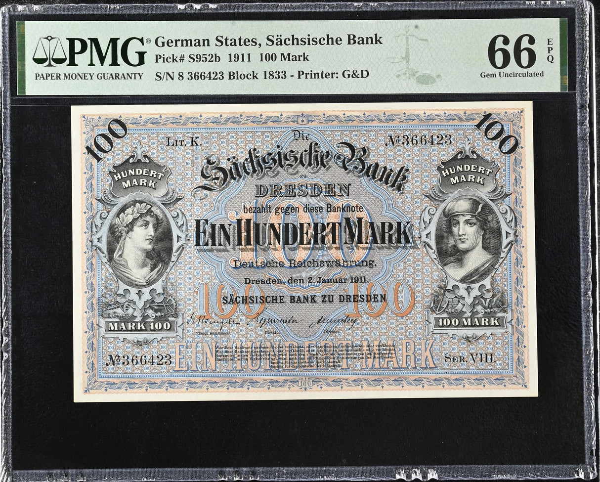 Germany 100 Mark 1911 P S952 b Gem UNC PMG 66 EPQ