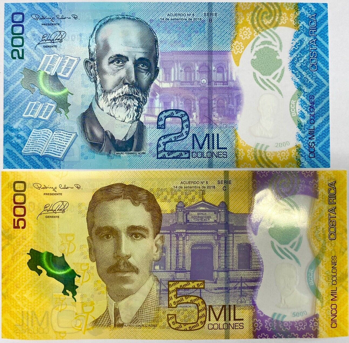 Costa Rica Set 2 UNC 2000 5000 Colones 2018/2020 P 281 282 Polymer