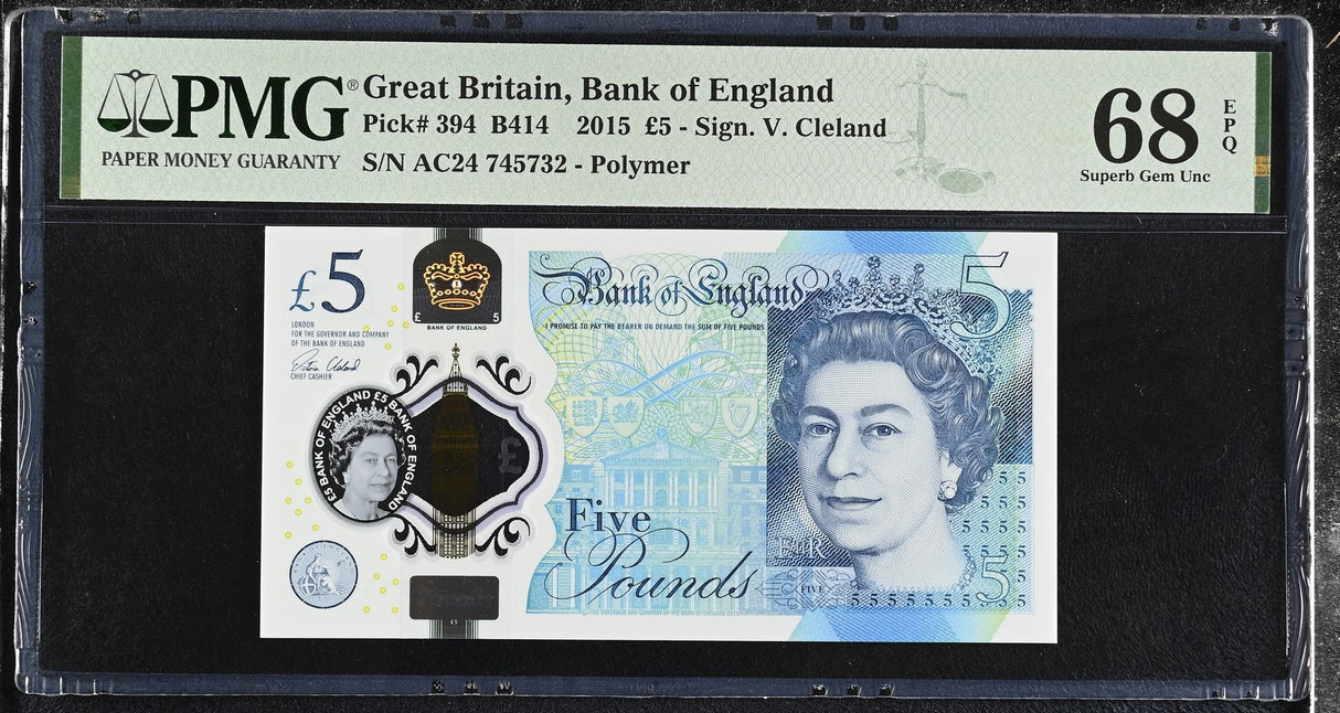 Great Britain 5 Pounds 2015 P 394 Polymer Superb Gem UNC PMG 68 EPQ PNB