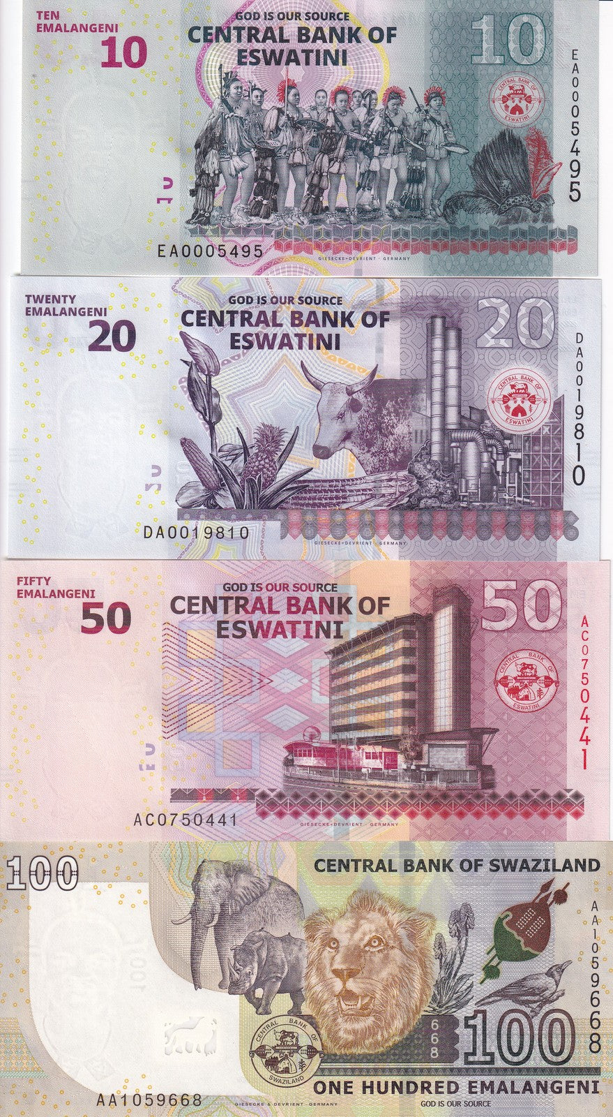 Eswatini Set 4 UNC 10 20 50 100 Emalangeni Swaziland 2017 -2024 P 42 A44 B44 C44