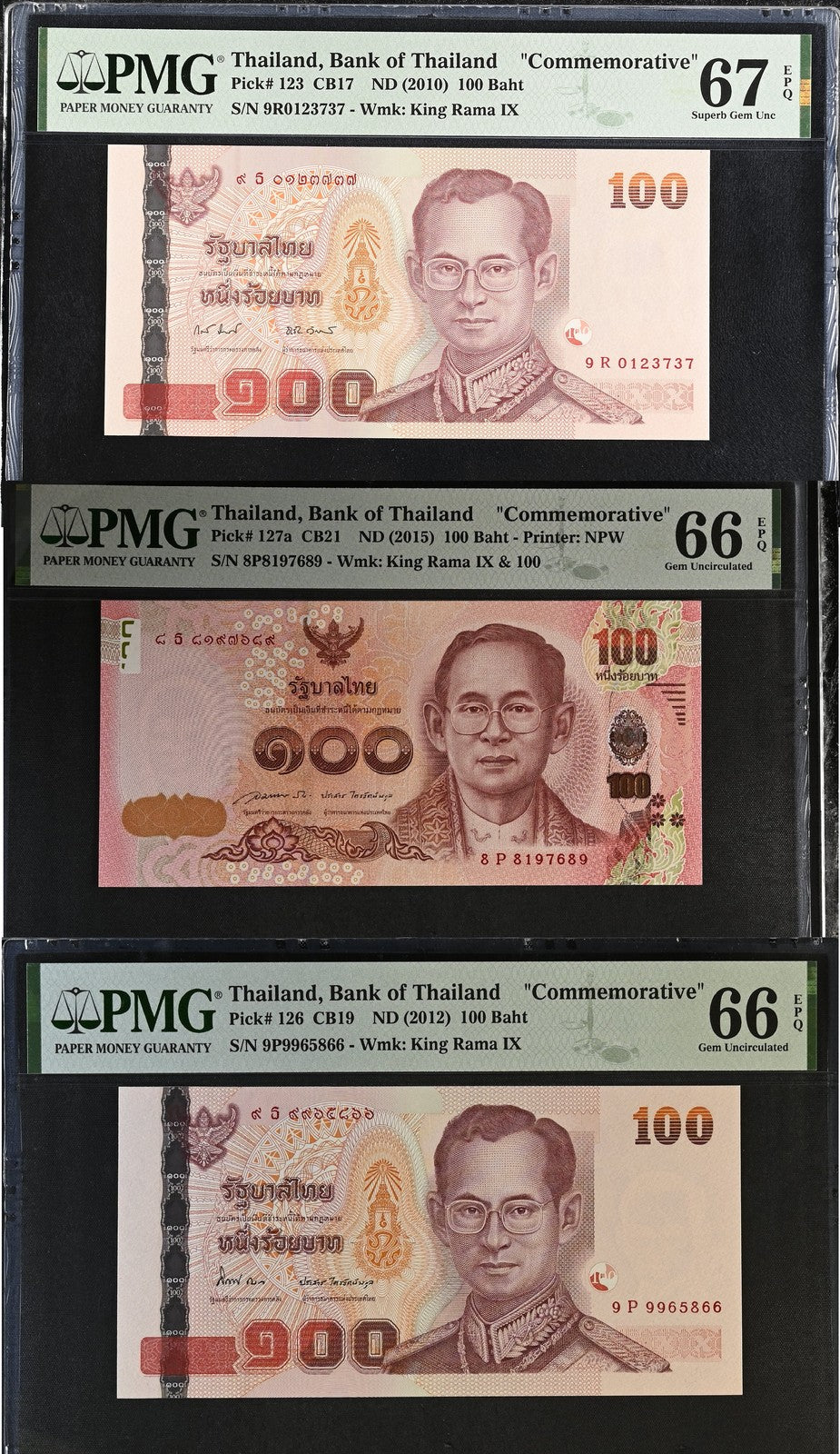 Thailand SET 3; 100 Baht ND 2010-2015 Comm. P 123 126 127 Gem UNC PMG 66 67 EPQ
