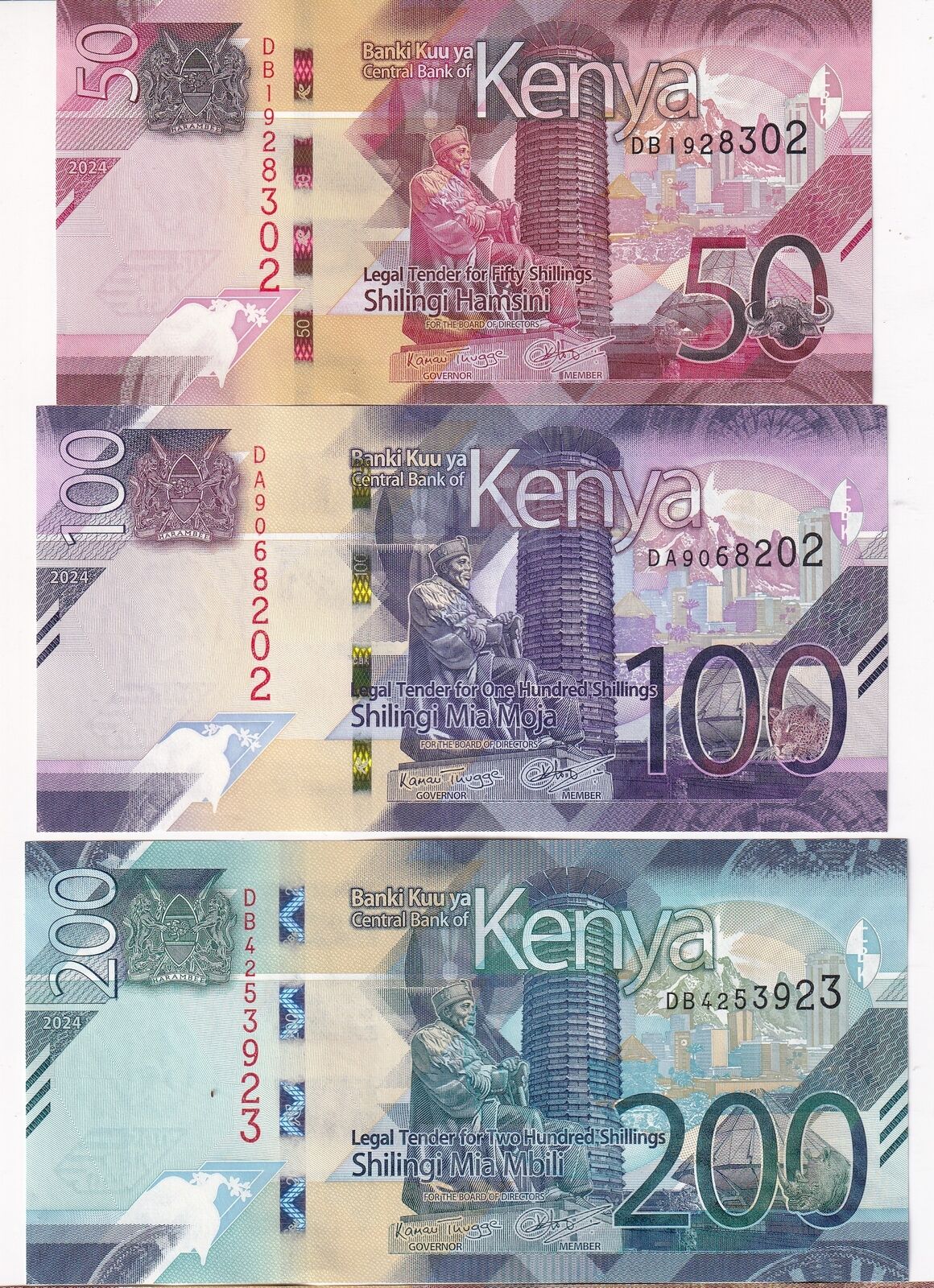 Kenya set 3 UNC 50 100 200 Shillings 2024 P 52 53 54
