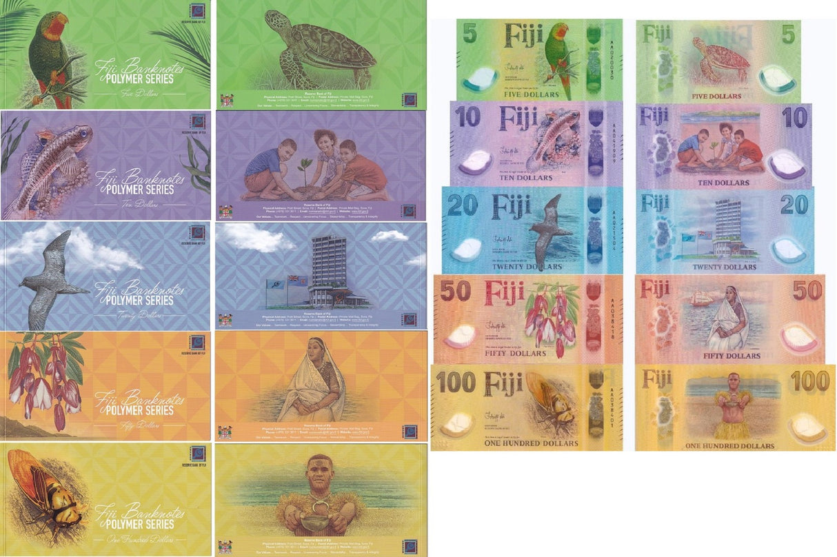 Fiji SET 5 with 5 FOLDER UNC 5 10 20 50 100 Dollars 2026 2025 Polymer