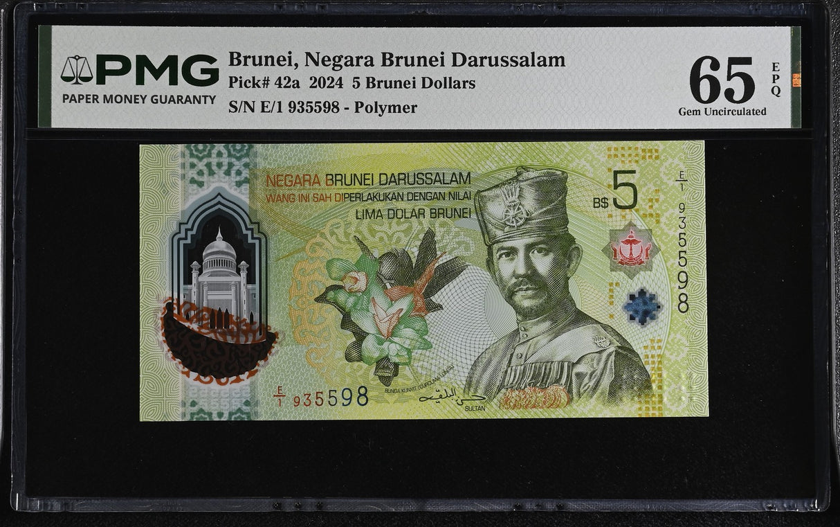 Brunei 5 Brunei Dollars 2024 P 42 a Polymer Gem UNC PMG 65 EPQ , Graded Note