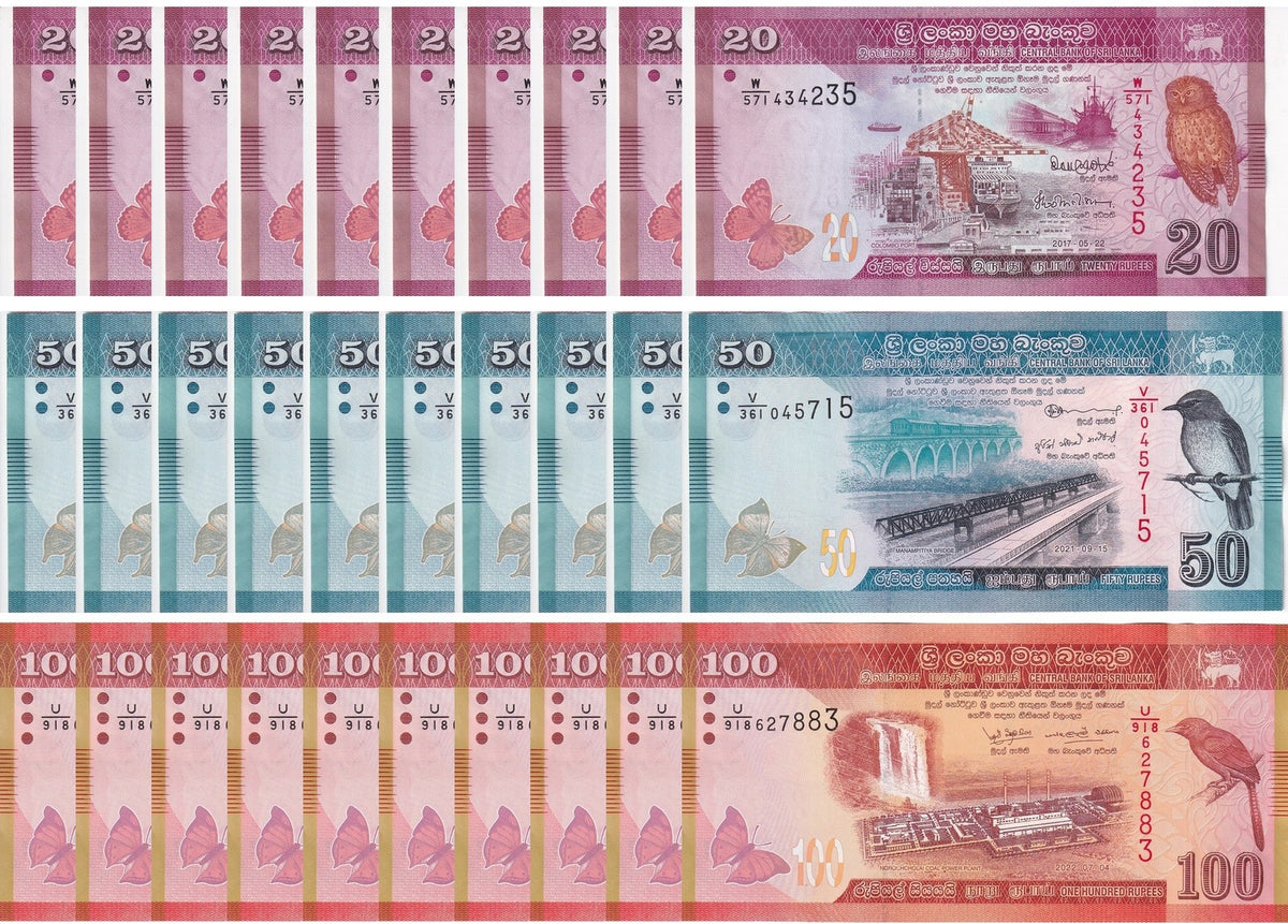 Sri Lanka Set 3 x LOT 10 = 30 UNC 20 50 100 Rupees 2022-2024 P 123 124 125