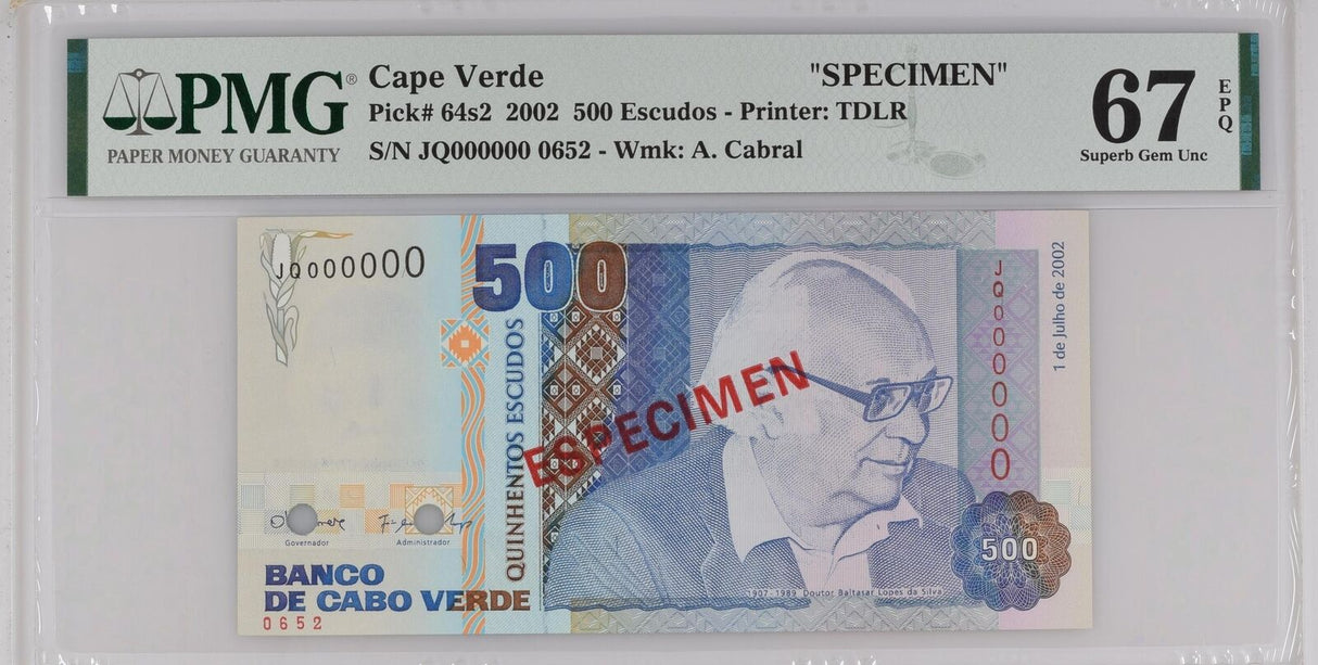 Cape Verde 500 Escudos 2002 P 64s2 Specimen Superb Gem UNC PMG 67 EPQ Top Pop
