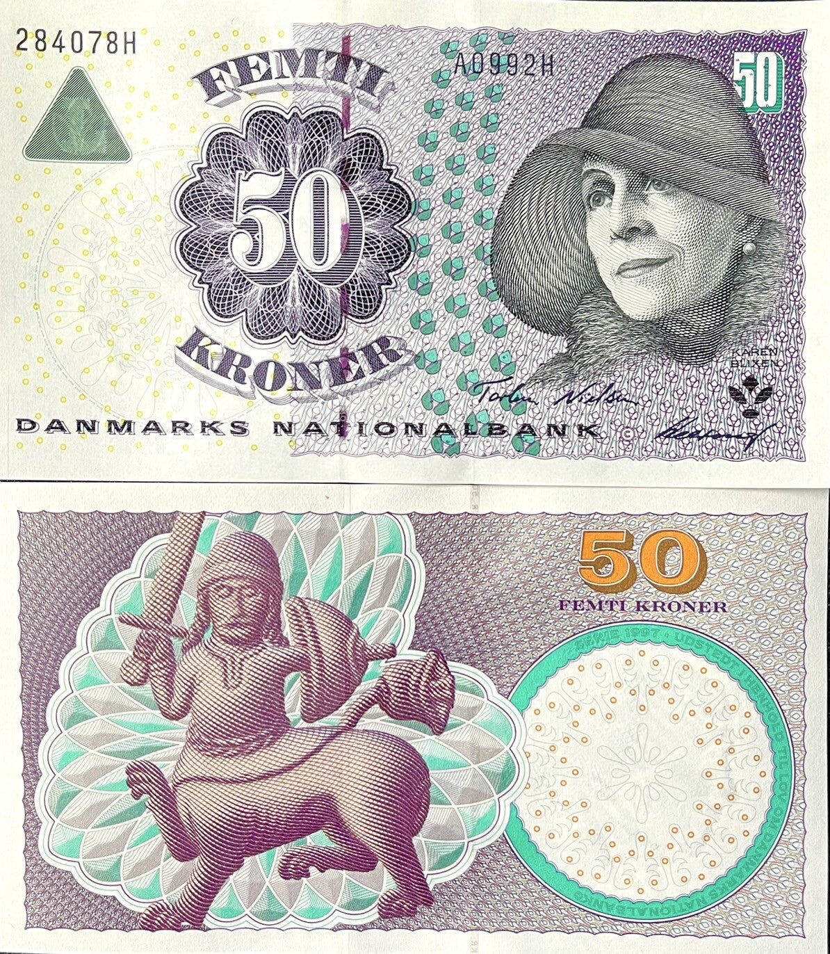 Denmark 50 Kroner 1999 P 55 a UNC , Centaur stone relief, K. Blixen