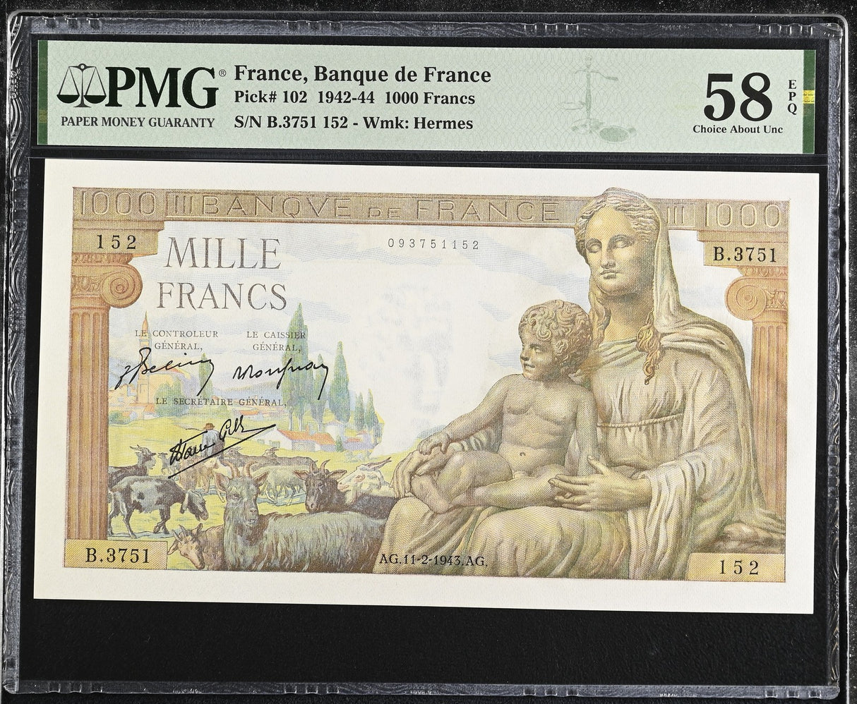 France 1000 Francs 1943 P 102 Choice About UNC PMG 58 EPQ