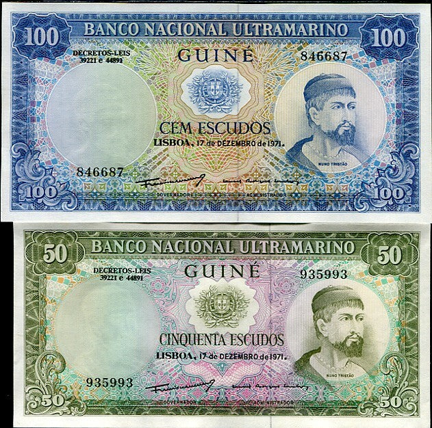Portuguese Guinea Set 2 Pcs 50 100 Escudos 1971 P 44 45 UNC , Nuno Tristao