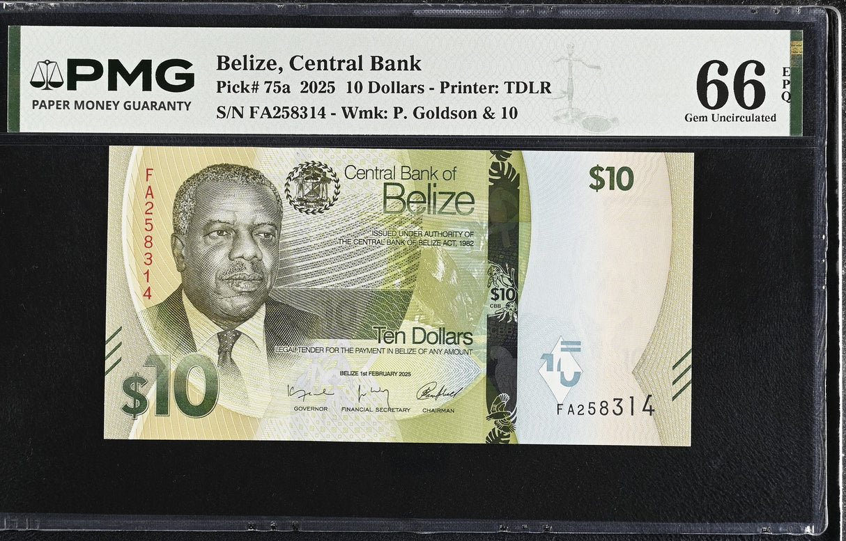 Belize 10 Dollars 2025 P 75 a Gem UNC PMG 66 EPQ