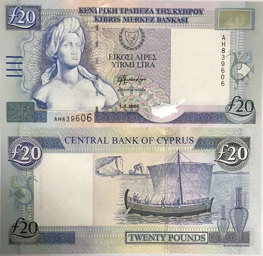 Cyprus 20 Pounds 2004 P 63 c UNC , WTM Bust of Aphrodite ,Printer TDLR