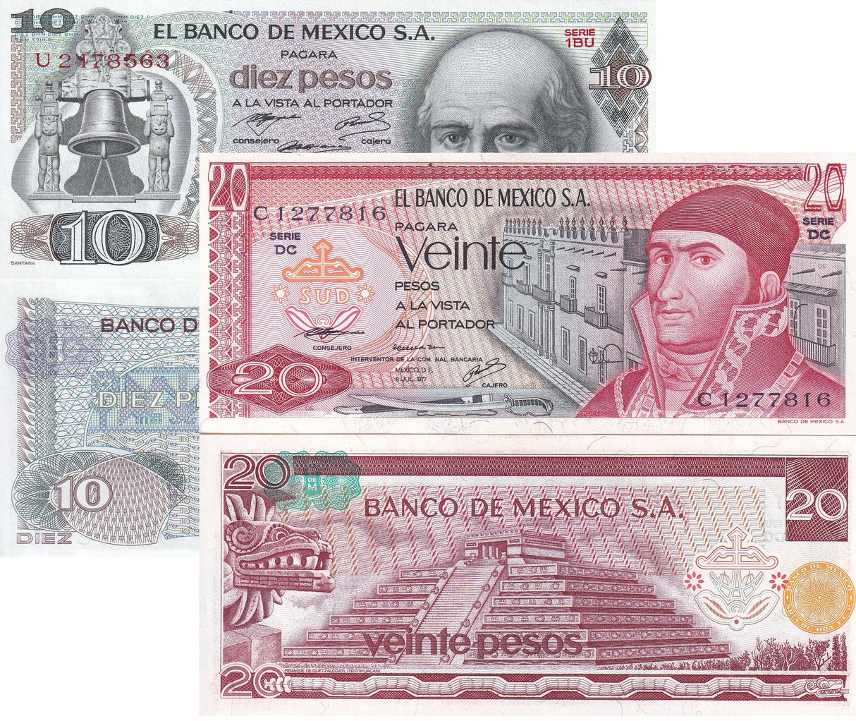Mexico Set 2 UNC 10 20 Pesos 1972 1977 P 63 64 Quetzalcoatl pyramid