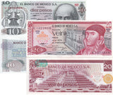 Mexico Set 2 UNC 10 20 Pesos 1972 1977 P 63 64 Quetzalcoatl pyramid