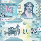 USA United State 50 Dollars 2014 Polymer 2nd Pennsylvania Louisa May Alcott AUnc