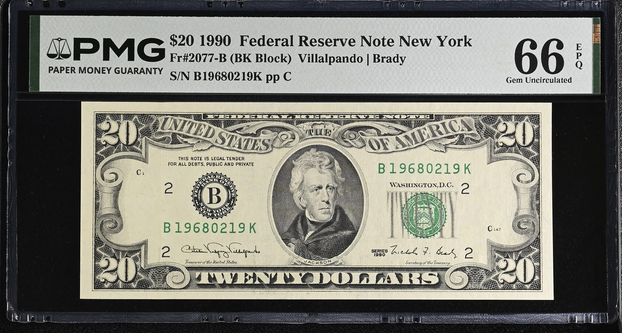 United States 20 Dollars Usa 1990 P 487 B New York Gem UNC PMG 66 EPQ