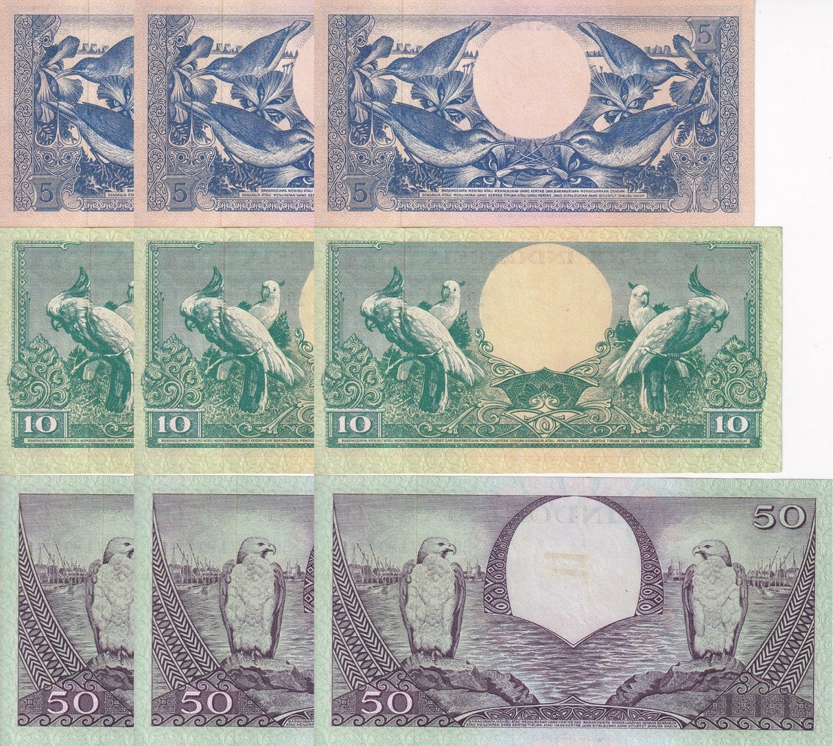 Indonesia set 3 x Lot 3 = 15 AUnc 5 10 50 Rupiah 1959 P 65 66 67 AUnc