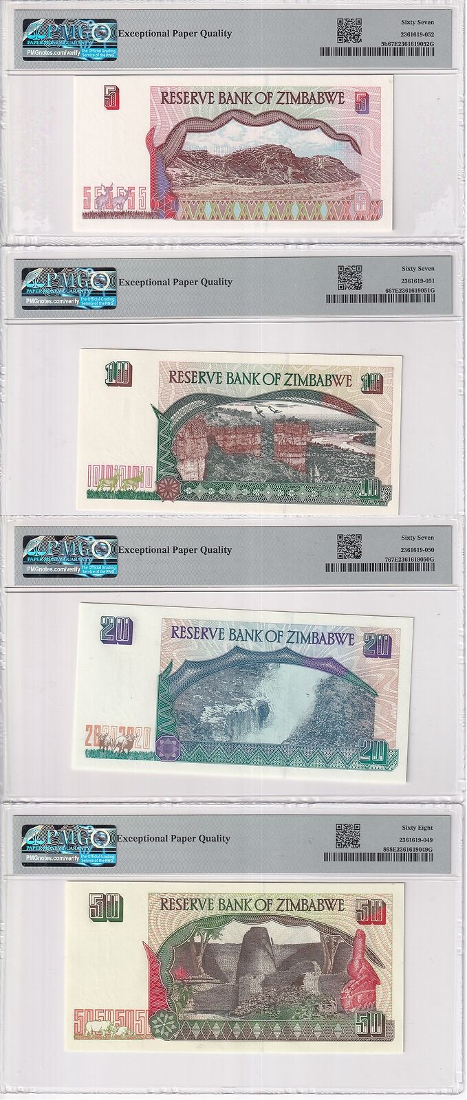 Zimbabwe SET 4 ,5 10 20 50 Dollars 1997 P 5 6 7 8 Superb Gem UNC PMG 67 68 EPQ