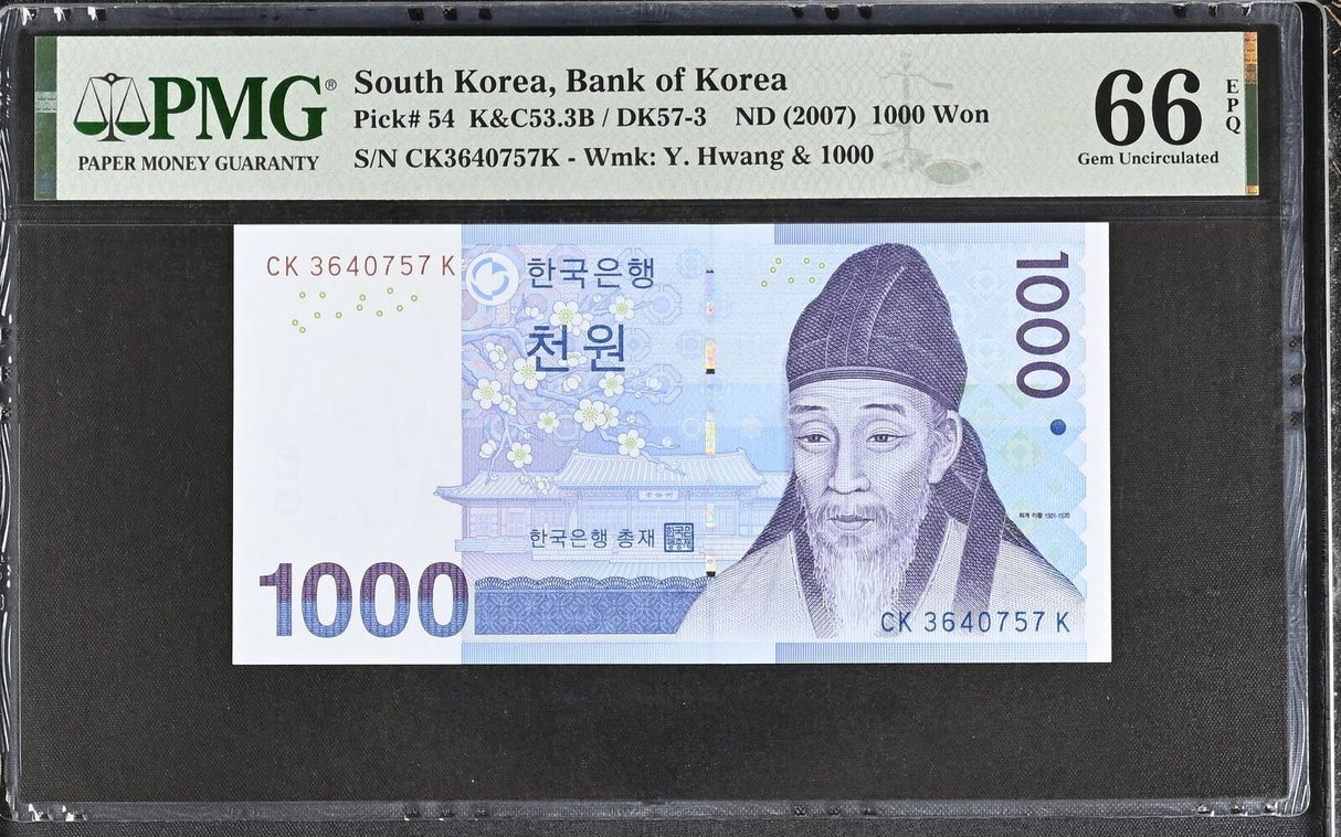 South Korea 1000 Won ND 2007 P 54 Gem UNC PMG 66 EPQ