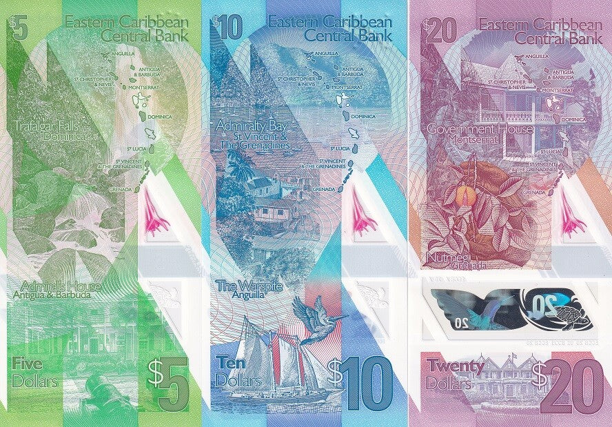 East Caribbean Set 3 UNC 5 10 20 Dollars 2019-2021 P 55A 56 57 POLYMER