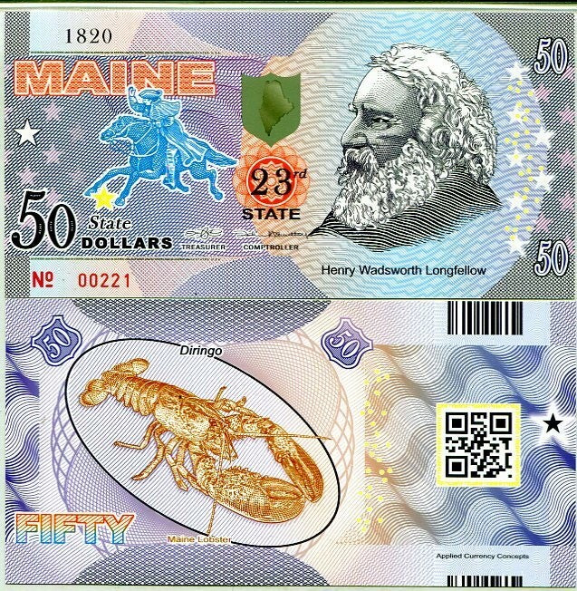 USA Maine 50 DOLLARS 2017 POLYMER 23rd Henry Longfellow, Lobster ,Private issued