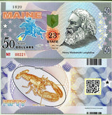USA Maine 50 DOLLARS 2017 POLYMER 23rd Henry Longfellow, Lobster ,Private issued