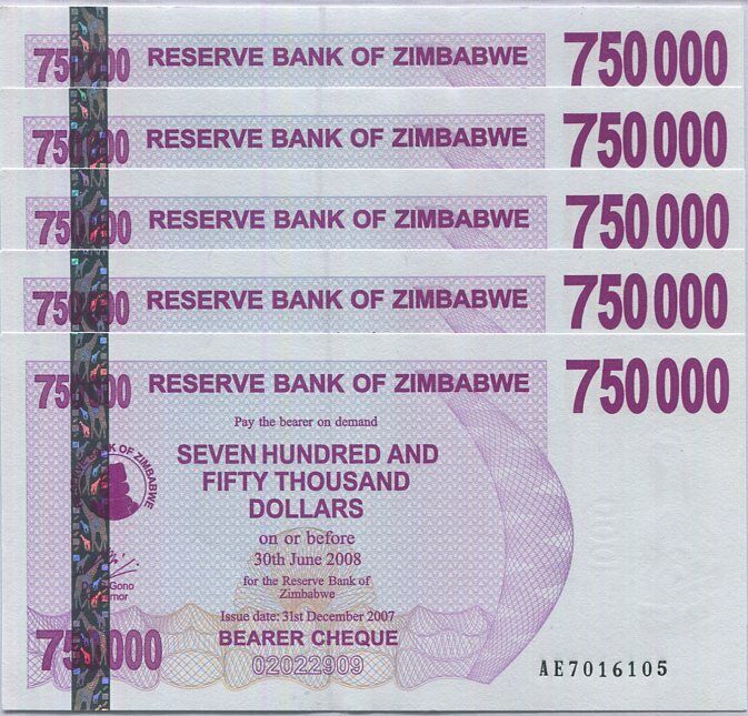 Zimbabwe 750000 Dollars Bearer Cheque 2007 P 52 UNC Lot 5 PCS