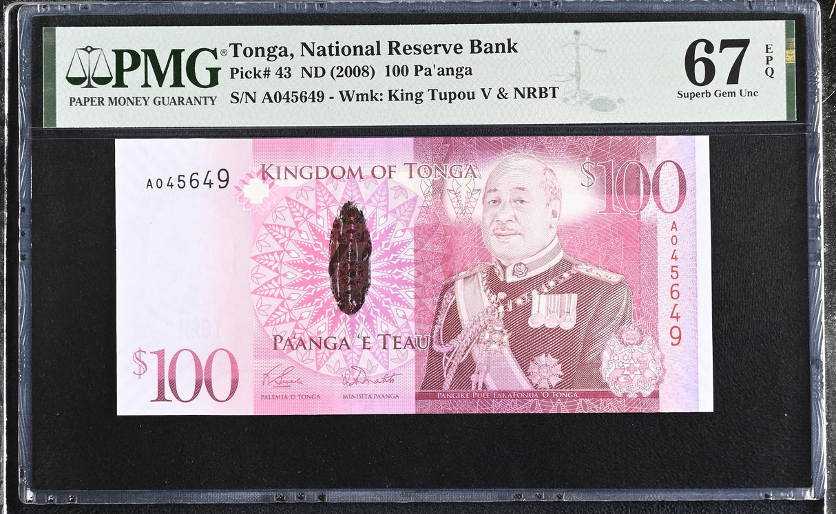 Tonga 100 Pa'anga ND 2008 P 43 Superb Gem UNC PMG 67 EPQ
