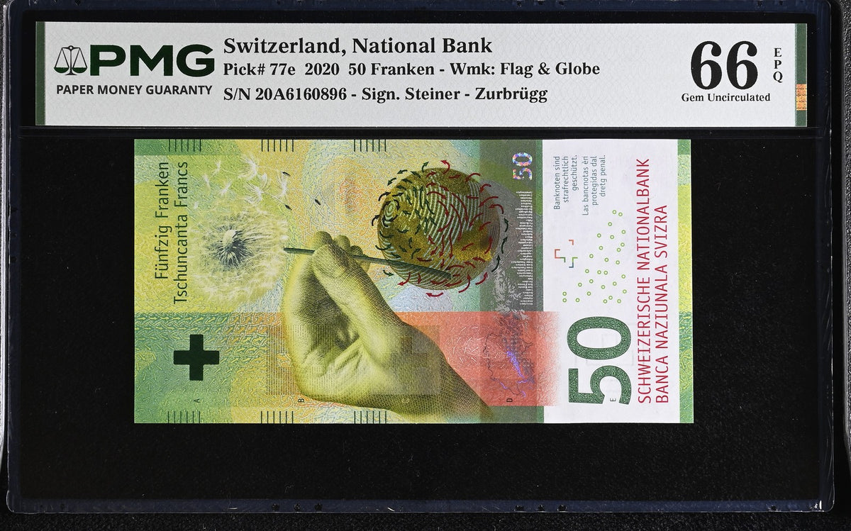 Switzerland 50 Franken 2020 P 77 e Gem UNC PMG 66 EPQ ,WTM Flag and Globe