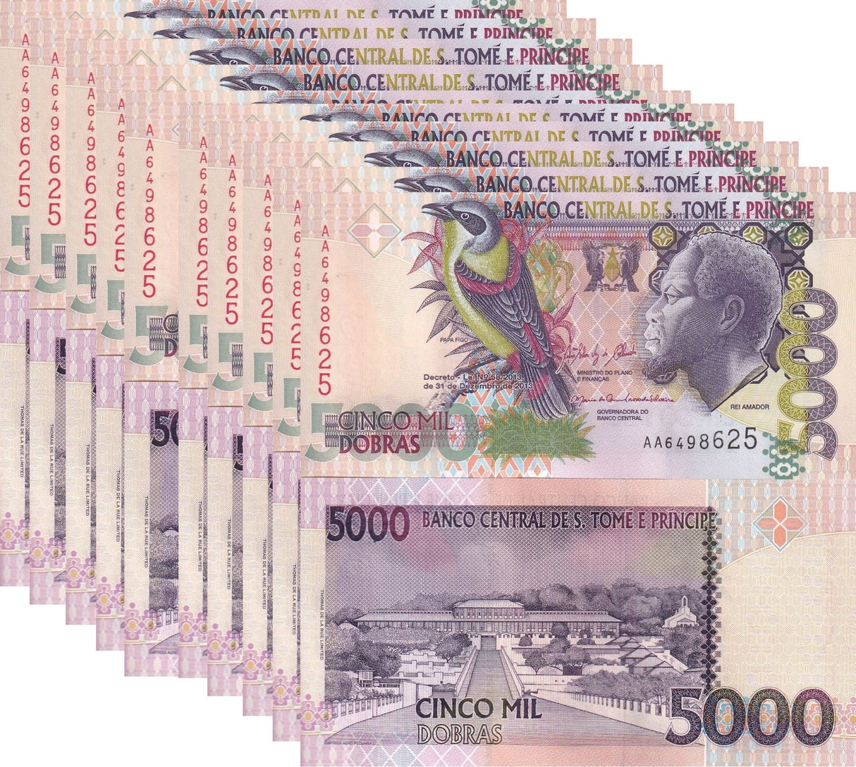 Saint Thomas & Prince 5000 Dobras 2013 P 65 UNC LOT 10 PCS
