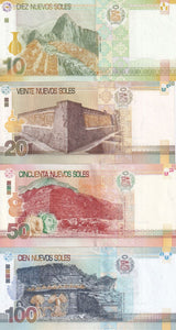 Peru Set 4 Pcs 10 20 50 100 Nuevos Sole 2009 P 182 183 184 185 UNC