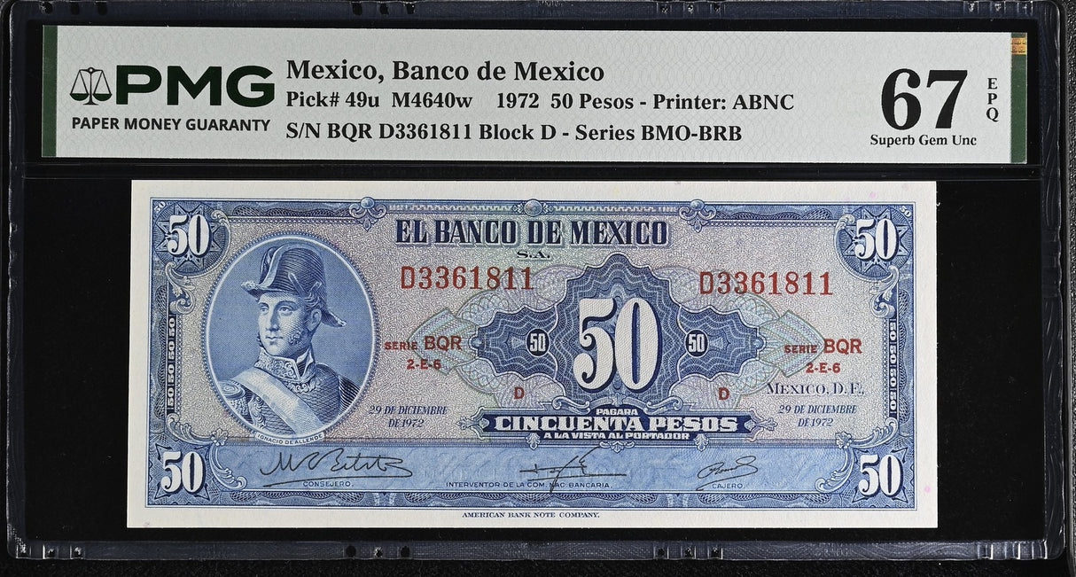 Mexico 50 Pesos 1972 P 49 u Superb Gem UNC PMG 67 EPQ Printer ABNC