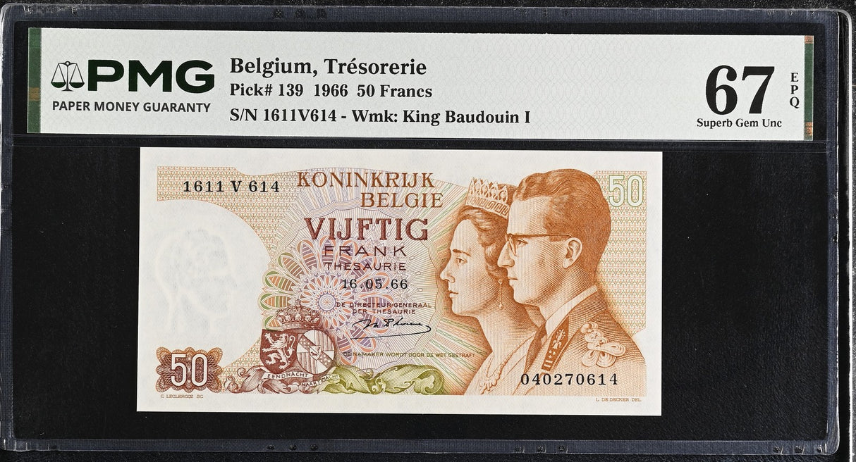 Belgium 50 Francs 1966 P 139 Superb Gem UNC PMG 67 EPQ