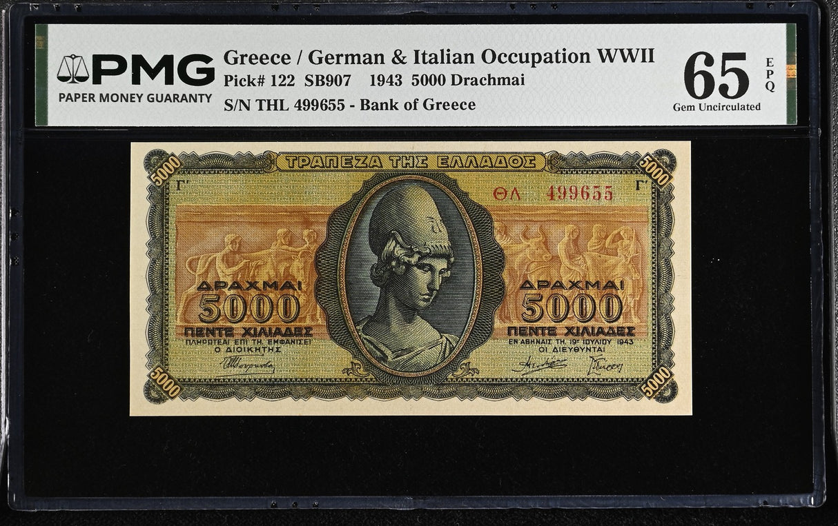 Greece 5000 Drachmai 1943 P 122 Gem UNC PMG 65 EPQ