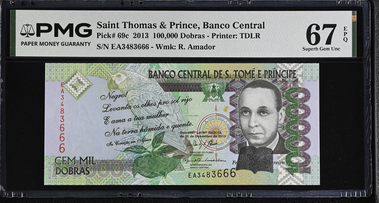 Saint Thomas & Prince 100000 Dobras 2013 P 69 c Superb Gem UNC PMG 67 EPQ