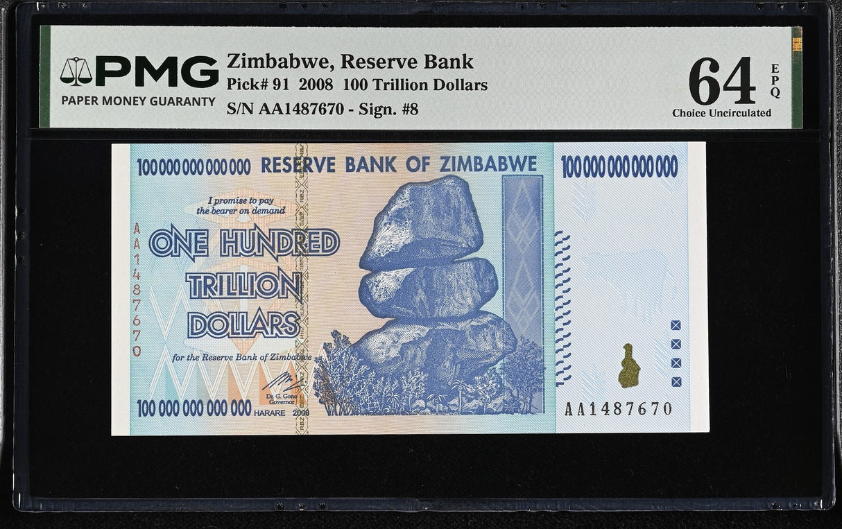 Zimbabwe 100 Trillion Dollars 2008 P 91 Choice UNC PMG 64 EPQ