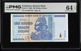 Zimbabwe 100 Trillion Dollars 2008 P 91 Choice UNC PMG 64 EPQ