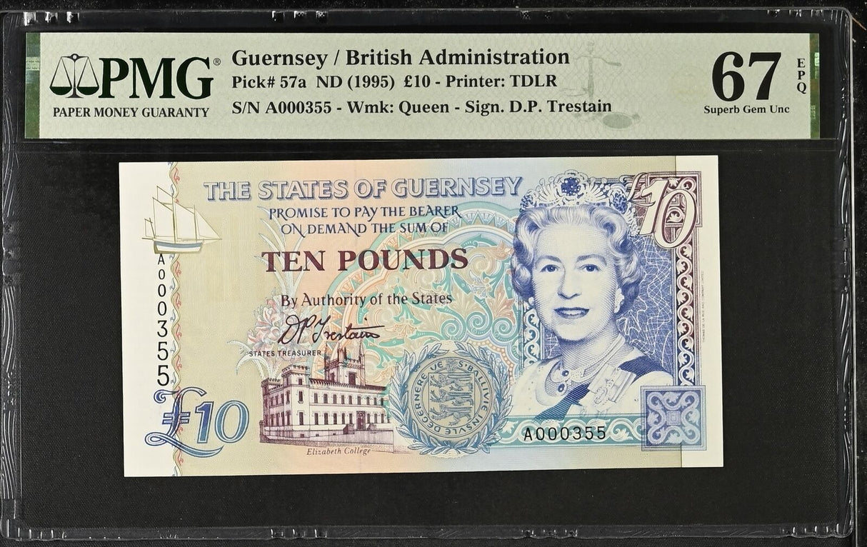 Guernsey 10 Pound ND 1995 P 57 a Low Serial # 355 Superb Gem UNC PMG 67 EPQ