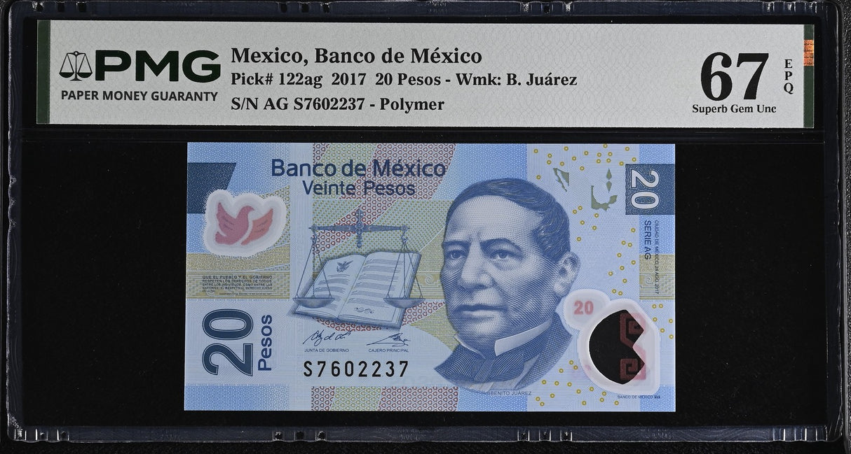 Mexico 20 Pesos 2017 P 122 ag Superb Gem UNC PMG 67 EPQ , Polymer
