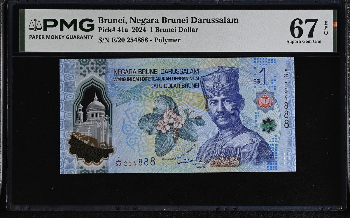 Brunei 1 Brunei Dollar 2024 P 41 a Ending 888 Polymer Superb Gem UNC PMG 67 EPQ