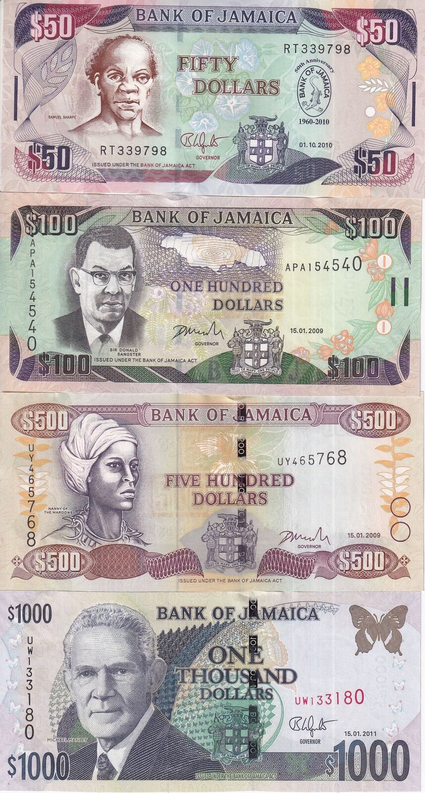 Jamaica SET 4 PCS 50 100 500 1000 Dollars Random Year P 84 85 86 88 UNC