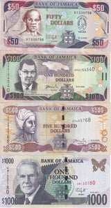 Jamaica SET 4 PCS 50 100 500 1000 Dollars Random Year P 84 85 86 88 UNC