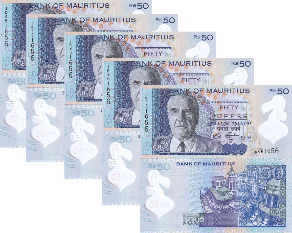 Mauritius 50 Rupees 2021 P 65 b Polymer UNC LOT 5 PCS , Port Louis