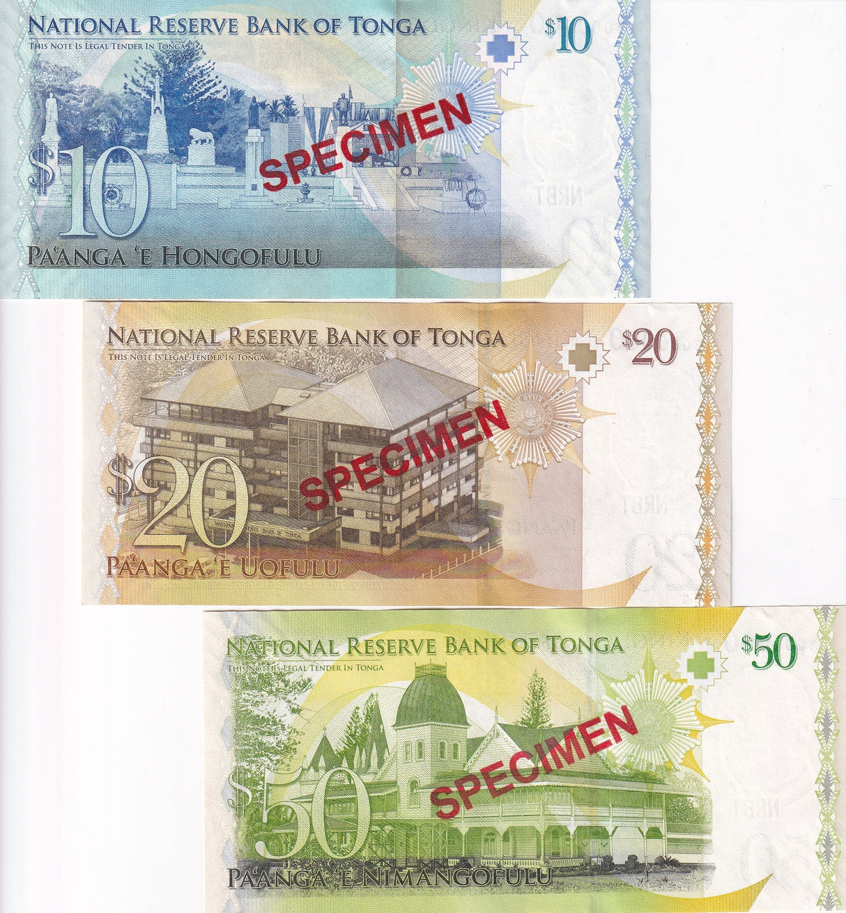 Tonga Set 3 UNC 10 20 50 Pa'anga ND 2014 P 40 41 42 SPECIMEN UNC