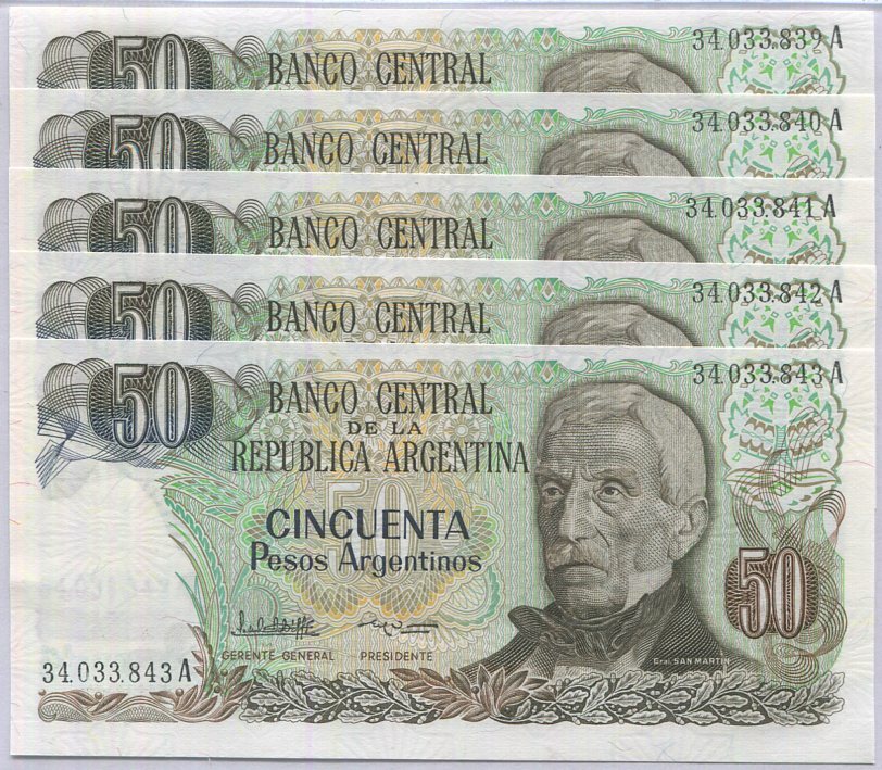 Argentina 50 Pesos Argentinos 1983 P 314 UNC LOT 5 PCS ,Termes de Reyes, Jujuy