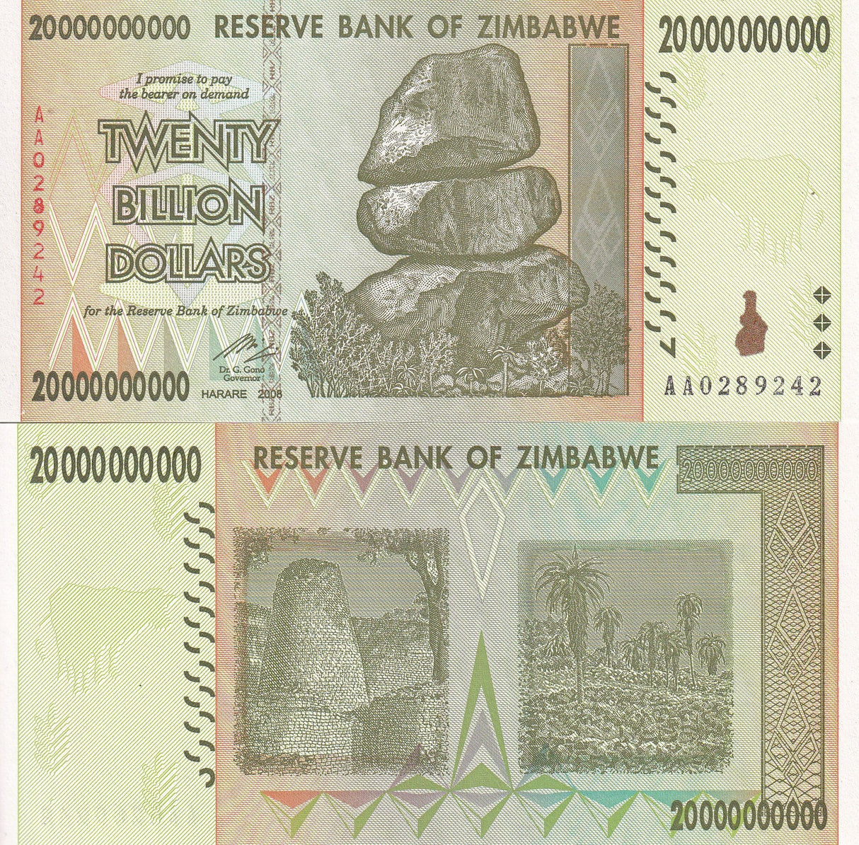 Zimbabwe 20 Billion Dollars 2008 P 86 AA Prefix UNC , Aloe excelsa