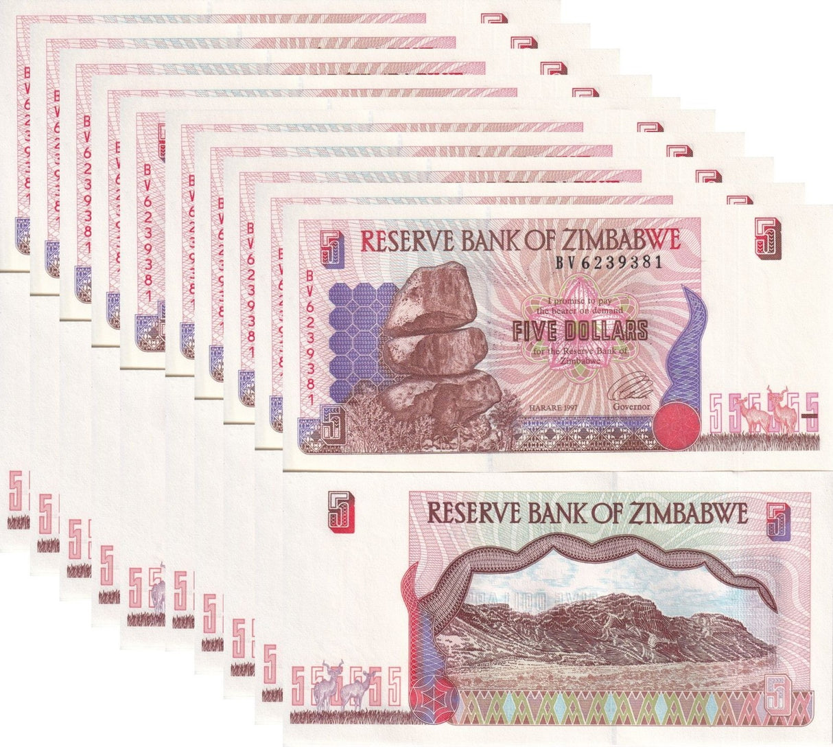 Zimbabwe 5 Dollars 1997 P 5 b UNC LOT 10 PCS