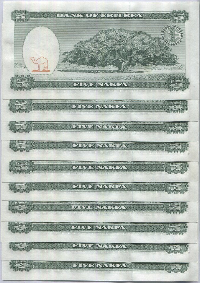 Eritrea 5 Nakfa 1997 P 2 UNC Lot 10 Pcs, Boy men Jacaranda tree